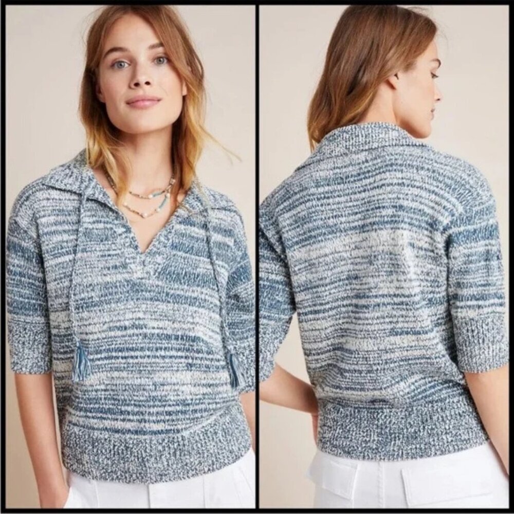 Anthropologie Carlotta Blue Marled Cotton Short Sleeve Sweater